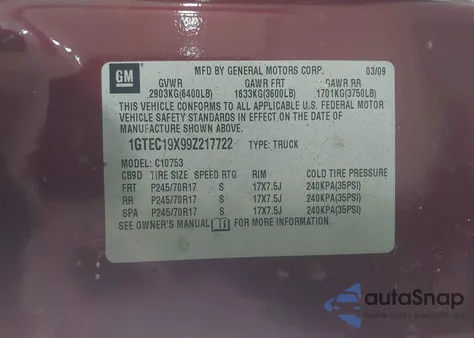2009 GMC Sierra 1500 Work Truck z USA, uszkodzony, nr VIN 1GTEC19X99Z217722